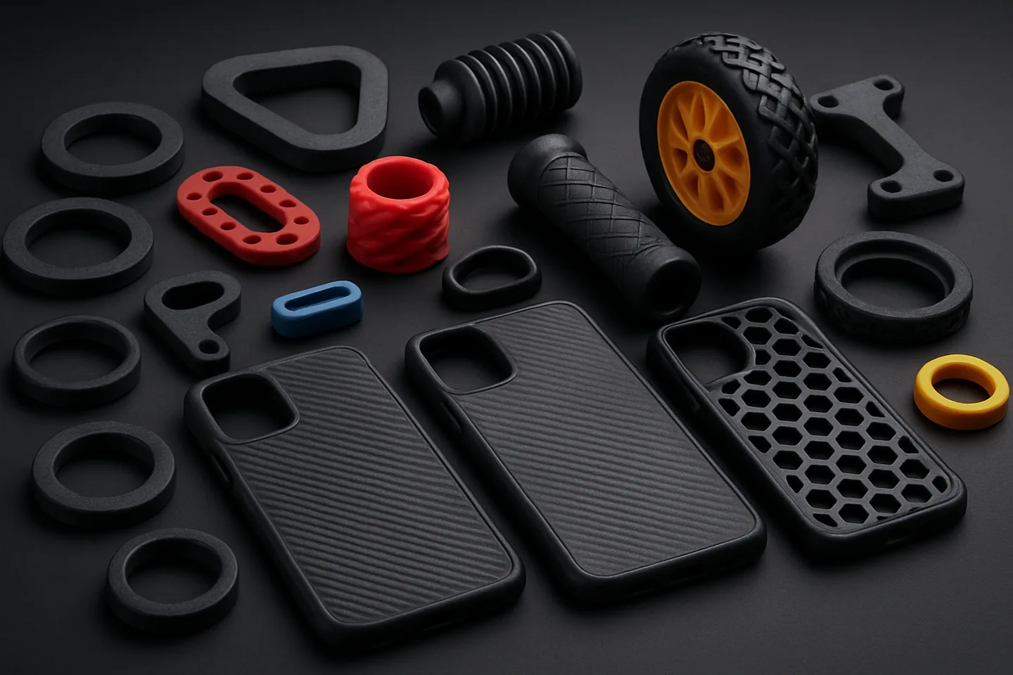 Bambu Lab TPU for AMS printed parts gallery — flexible cases, dampers, grips, gaskets, wheels printed on Bambu AMS