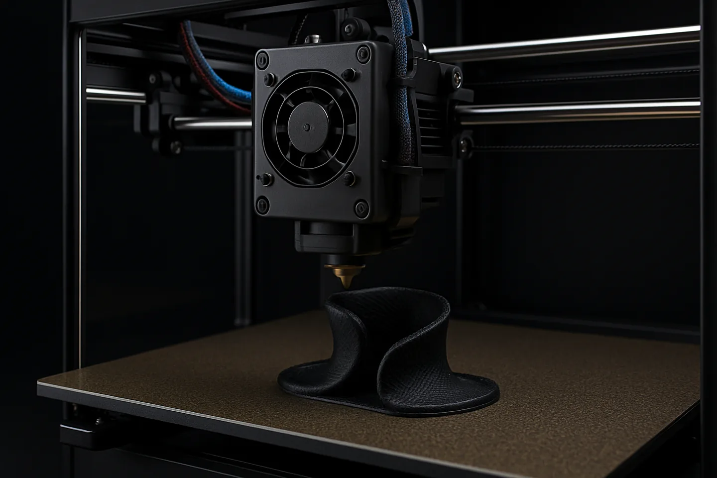 Bambu 3D printer printing a flexible black TPU for AMS part on a textured PEI bed