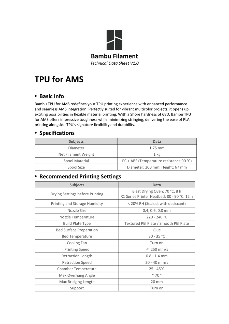 Technical Data Sheet (TDS) — Bambu Lab TPU for AMS