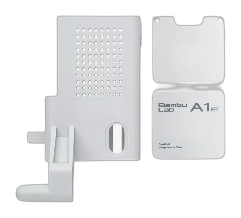 Bambu Lab A1 mini X-Axis Motor Cover — the vented cover with its blank and branded face plates