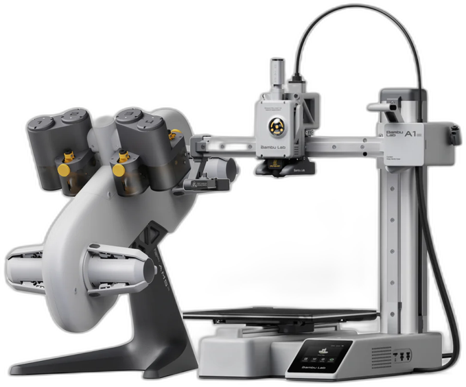 Bambu Lab A1 mini with the AMS lite holding four filament spools for automatic multi-color printing