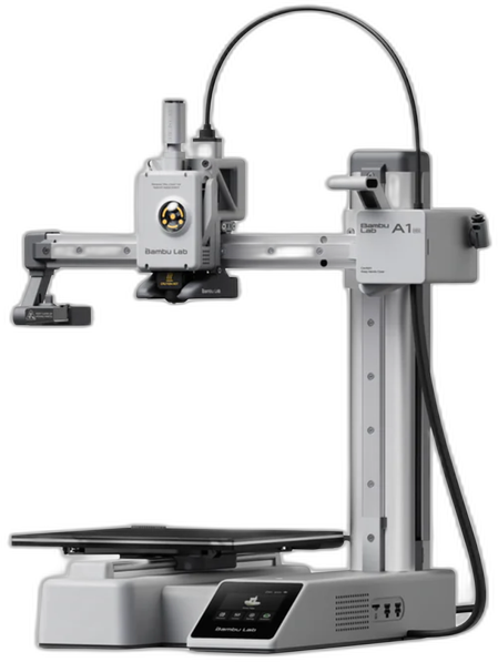 Bambu Lab A1 mini compact 3D printer, front view, showing the single-arm gantry and base touchscreen
