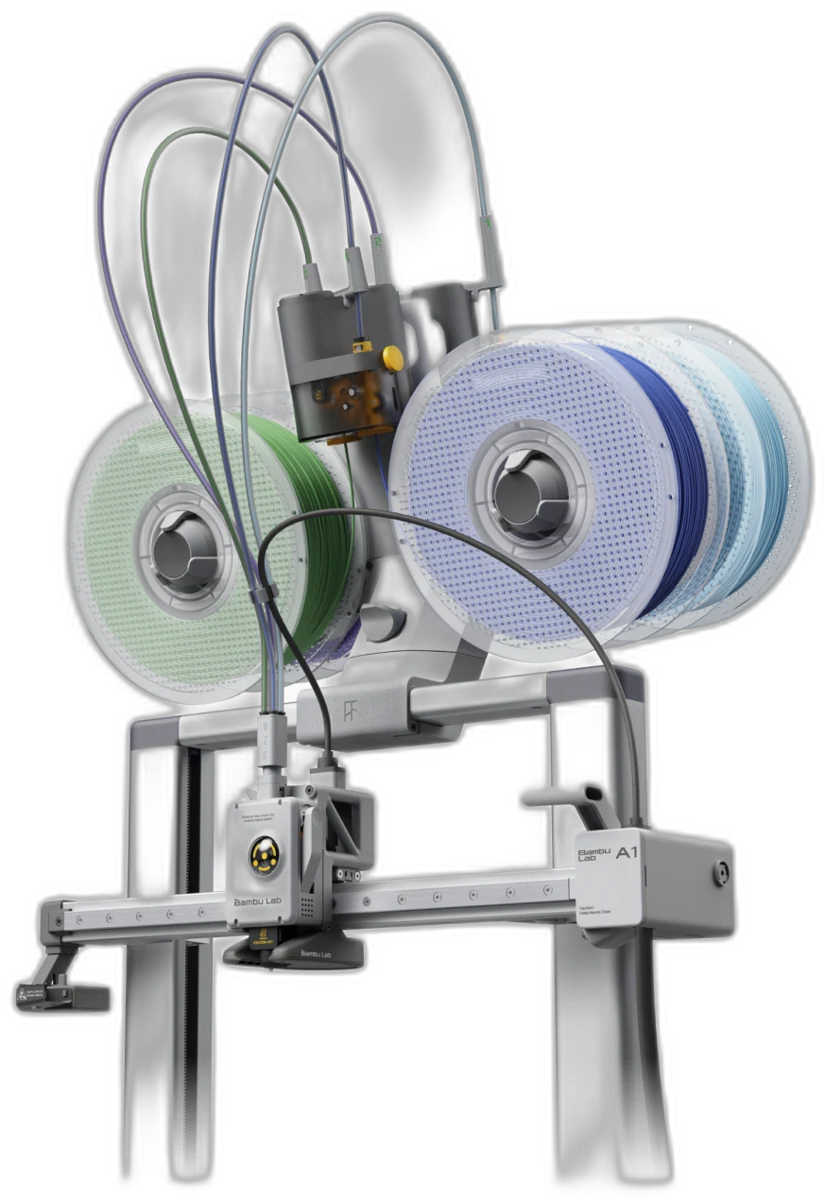 Bambu Lab AMS lite top-mounted on the A1 holding four filament spools for automatic four-color printing