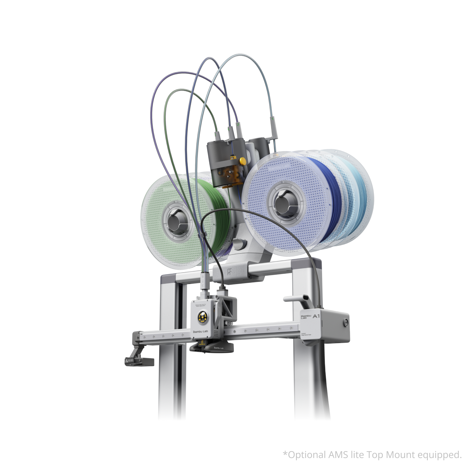 The Bambu Lab AMS lite holding four filament spools on its open stand for automatic multi-color feeding