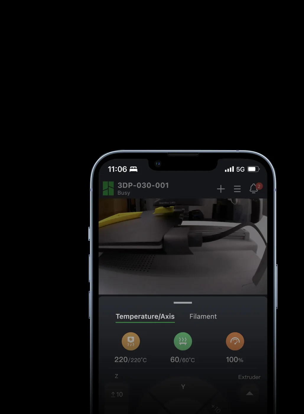 Bambu Handy mobile app controlling the Bambu Lab A1 with live print status