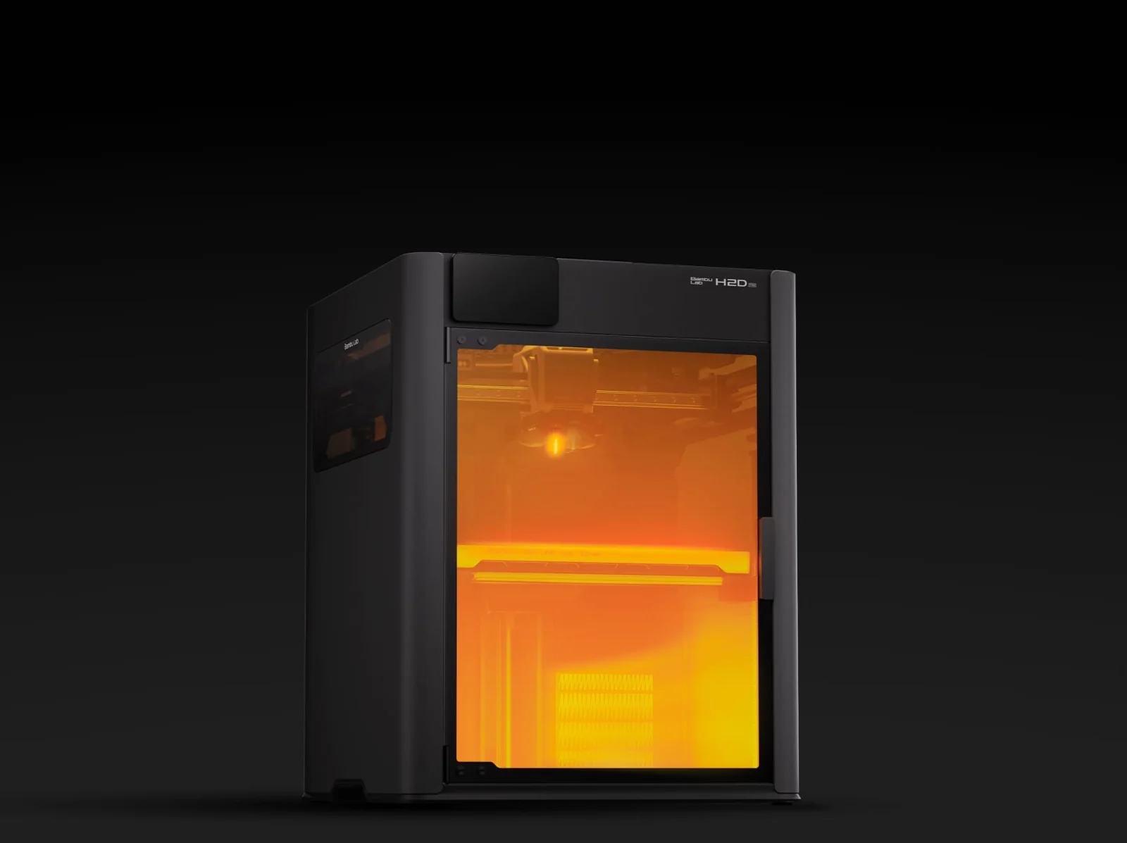 H2D Pro 65C active heating and cooling chamber shown with a thermal glow — less failure, stronger prints