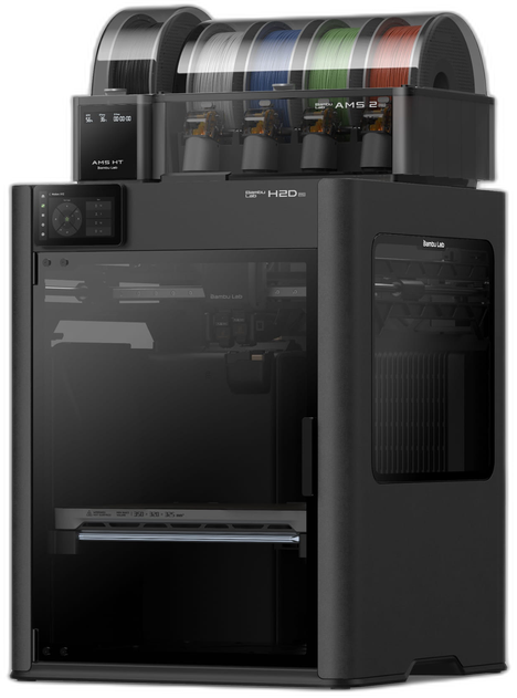 Bambu Lab H2D Pro dual-nozzle CoreXY 3D printer with AMS 2 Pro and AMS HT on top