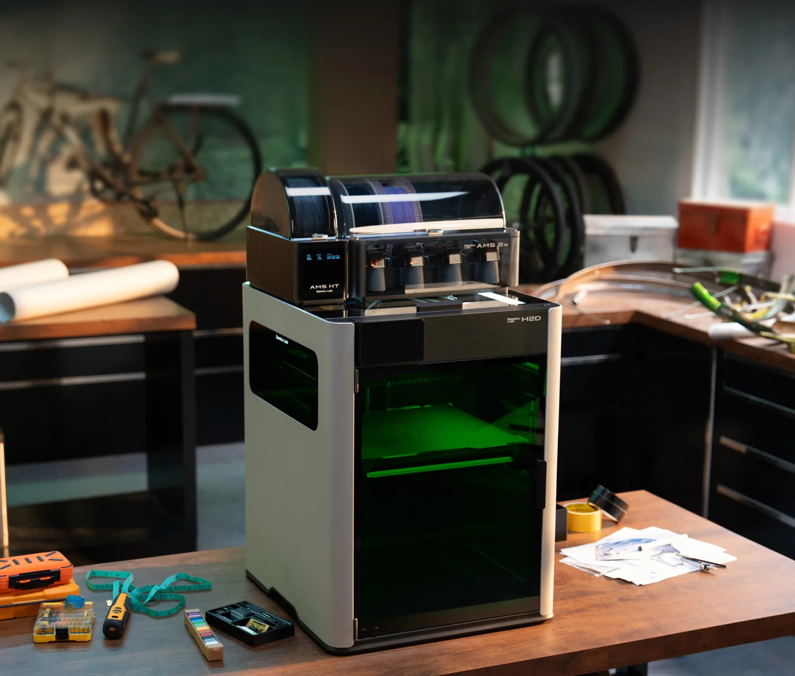 Bambu Lab H2D — one fully enclosed CoreXY machine