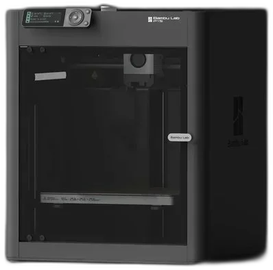 Bambu Lab P1S enclosed CoreXY 3D printer with smoked-glass door and touchscreen