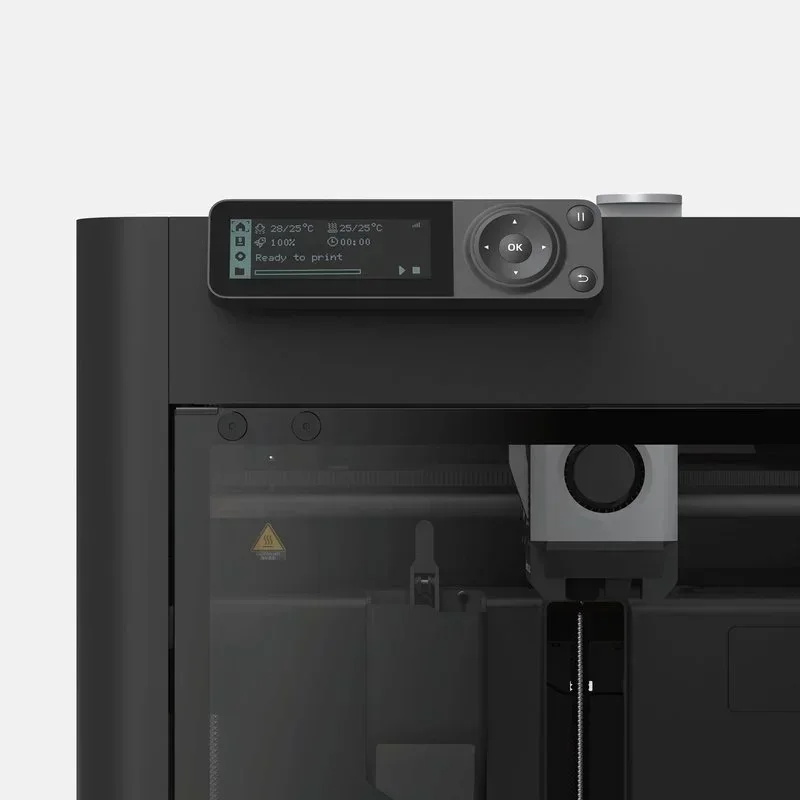 Bambu Lab P1S control screen showing temperatures and Ready to print, above the build chamber and toolhead