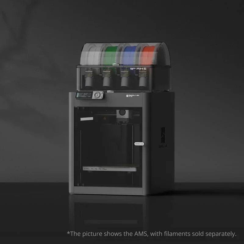 Bambu Lab P1S with the AMS mounted on top, loaded with four color filament spools