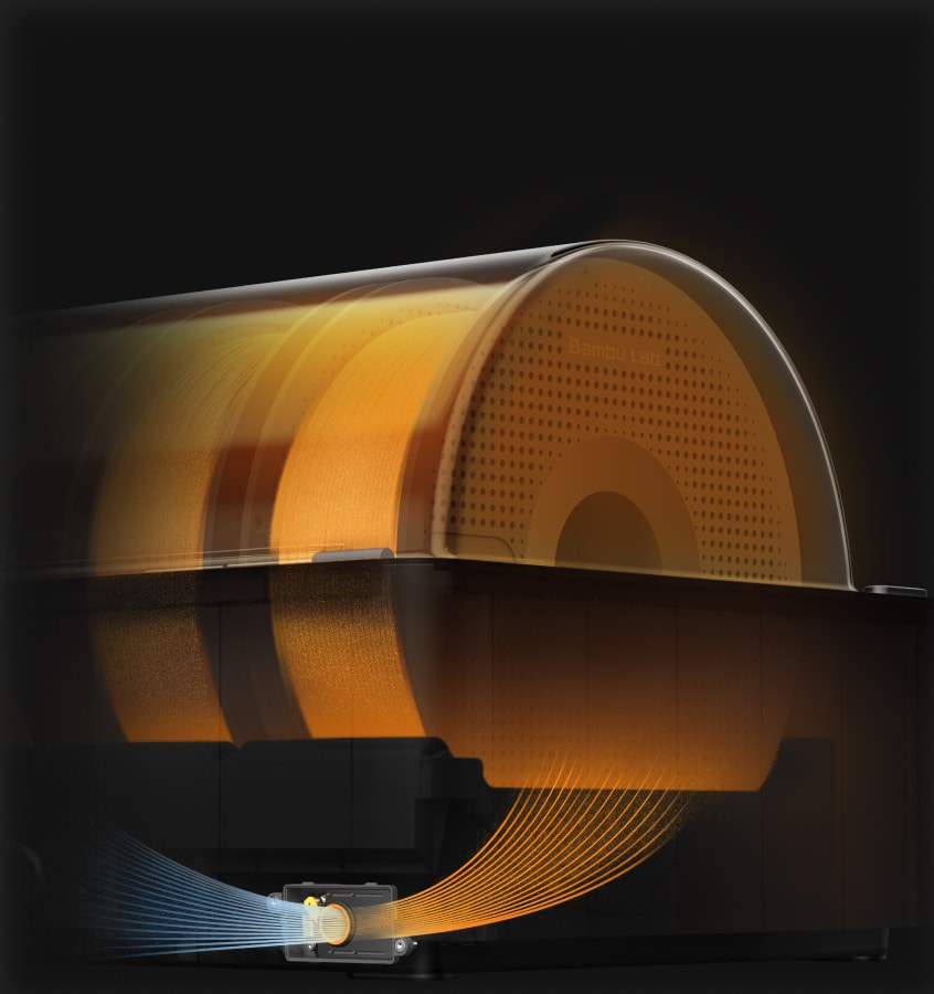 Bambu Lab P2S active airflow and thermal management visualized around the toolhead and chamber