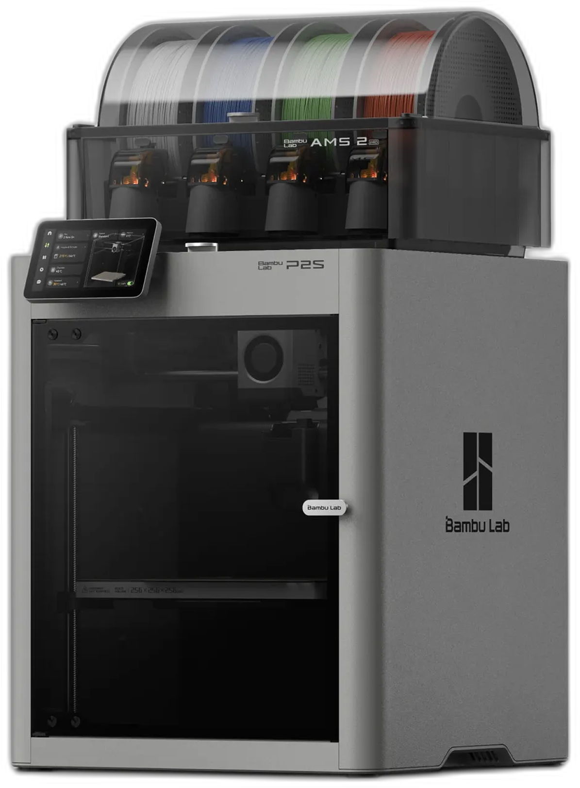 Bambu Lab P2S Combo with the AMS 2 Pro mounted on top, loaded with four color filament spools