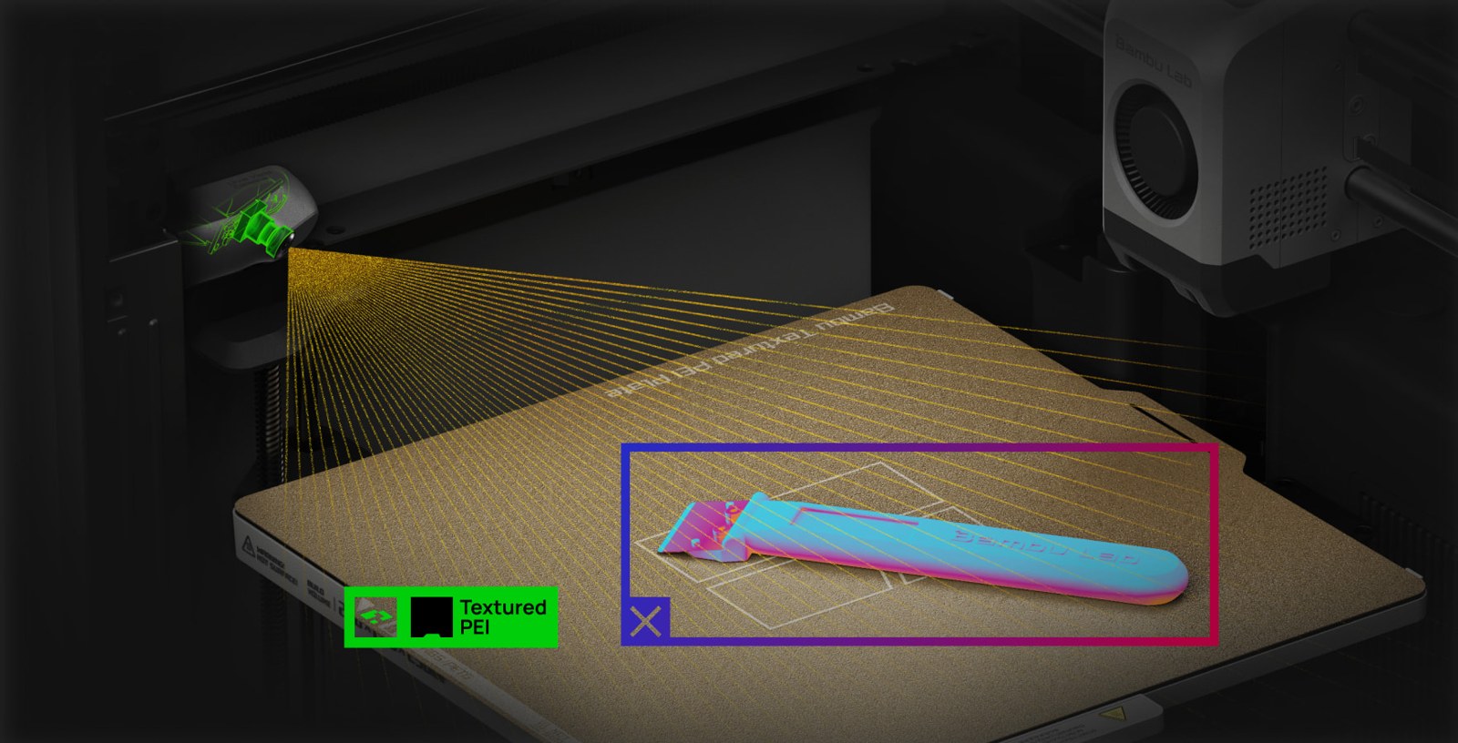 Bambu Lab P2S scanning the textured PEI build plate and flagging a print with an AI detection box