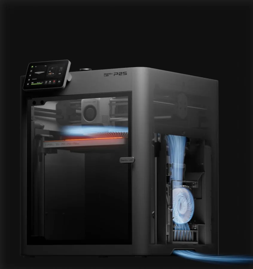 Bambu Lab P2S enclosed CoreXY 3D printer, full glamour view with smoked-glass door and full-color touchscreen