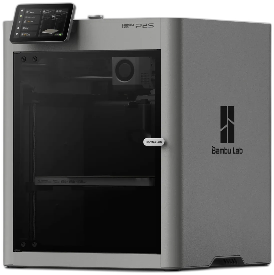 Bambu Lab P2S enclosed CoreXY 3D printer with a full-color touchscreen and smoked-glass door
