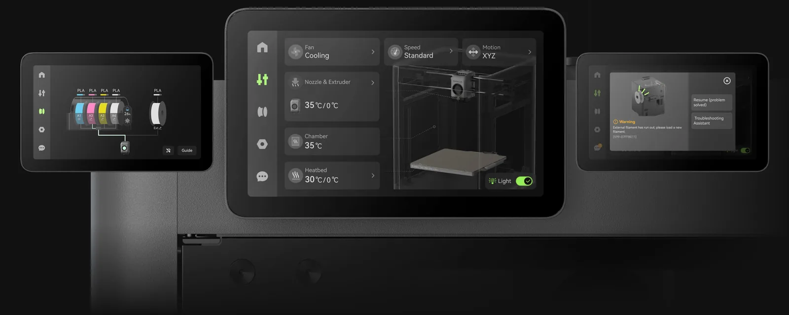 Bambu Lab P2S full-color touchscreen showing job control and calibration on the front of the printer