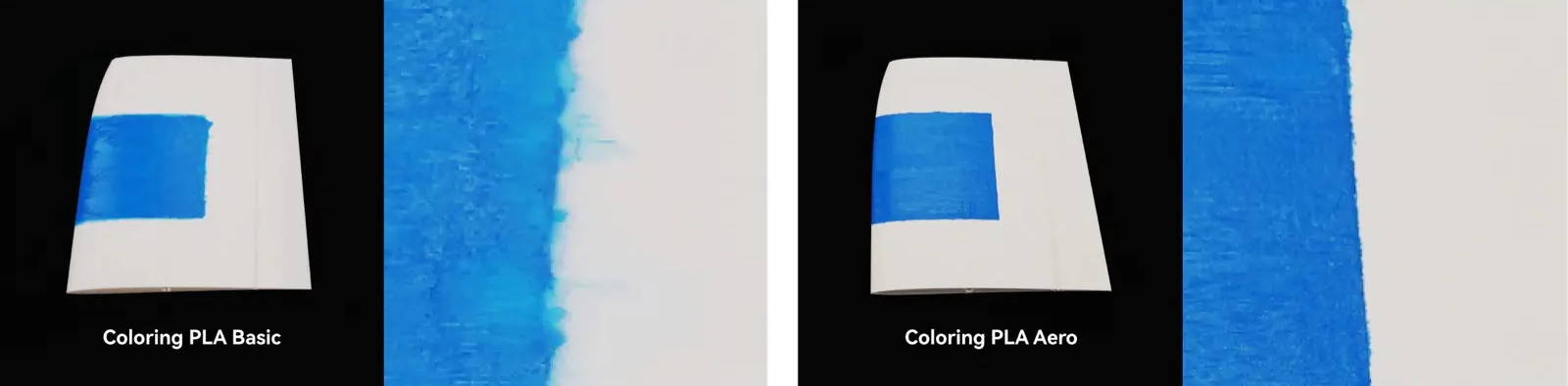 Coloring comparison: PLA Aero absorbs dye more deeply and evenly than PLA Basic