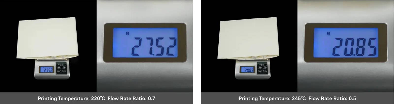 PLA Aero density control: 220°C at 0.7 flow prints 27.52 g, 245°C at 0.5 flow prints 20.85 g