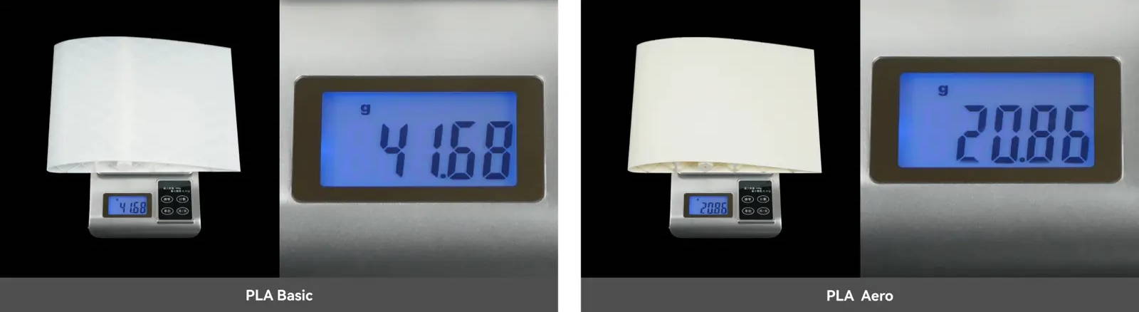 Bambu Lab weight comparison: the same model weighs 41.68 g in PLA Basic versus 20.86 g in PLA Aero