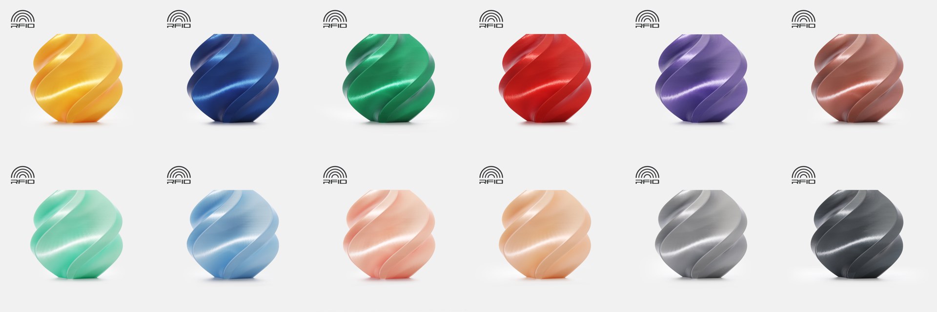 Bambu Lab PLA Silk+ color range shown as identical glossy sample prints across twelve silk colors