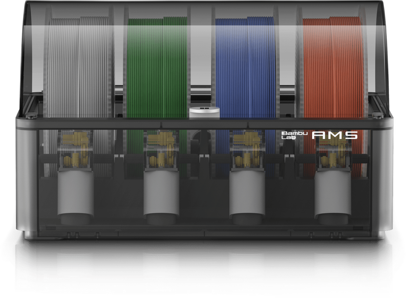 Bambu Lab AMS loaded with four colored RFID filament spools for automatic multi-color printing on the X1-Carbon