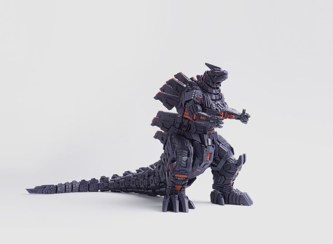 Highly detailed articulated mecha model printed on the Bambu Lab X1-Carbon, showing fine multi-part engineering geometry