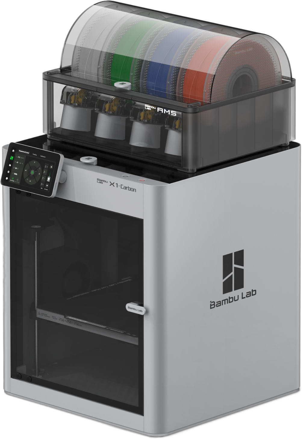 Bambu Lab X1-Carbon enclosed CoreXY 3D printer with the AMS four-spool unit on top