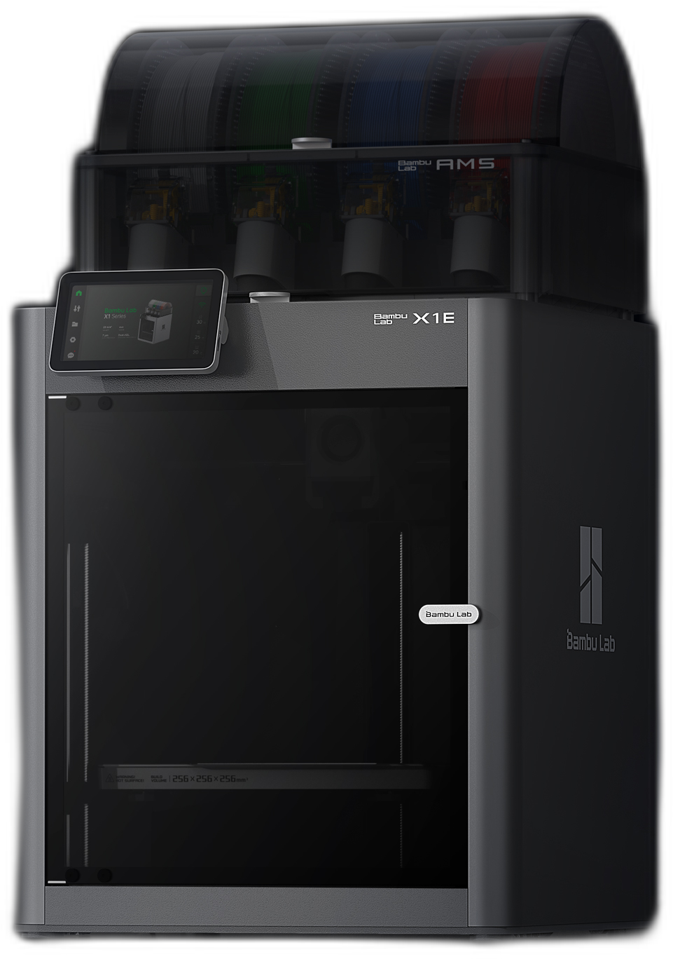 Bambu Lab X1E enterprise enclosed CoreXY 3D printer with the AMS four-spool unit on top