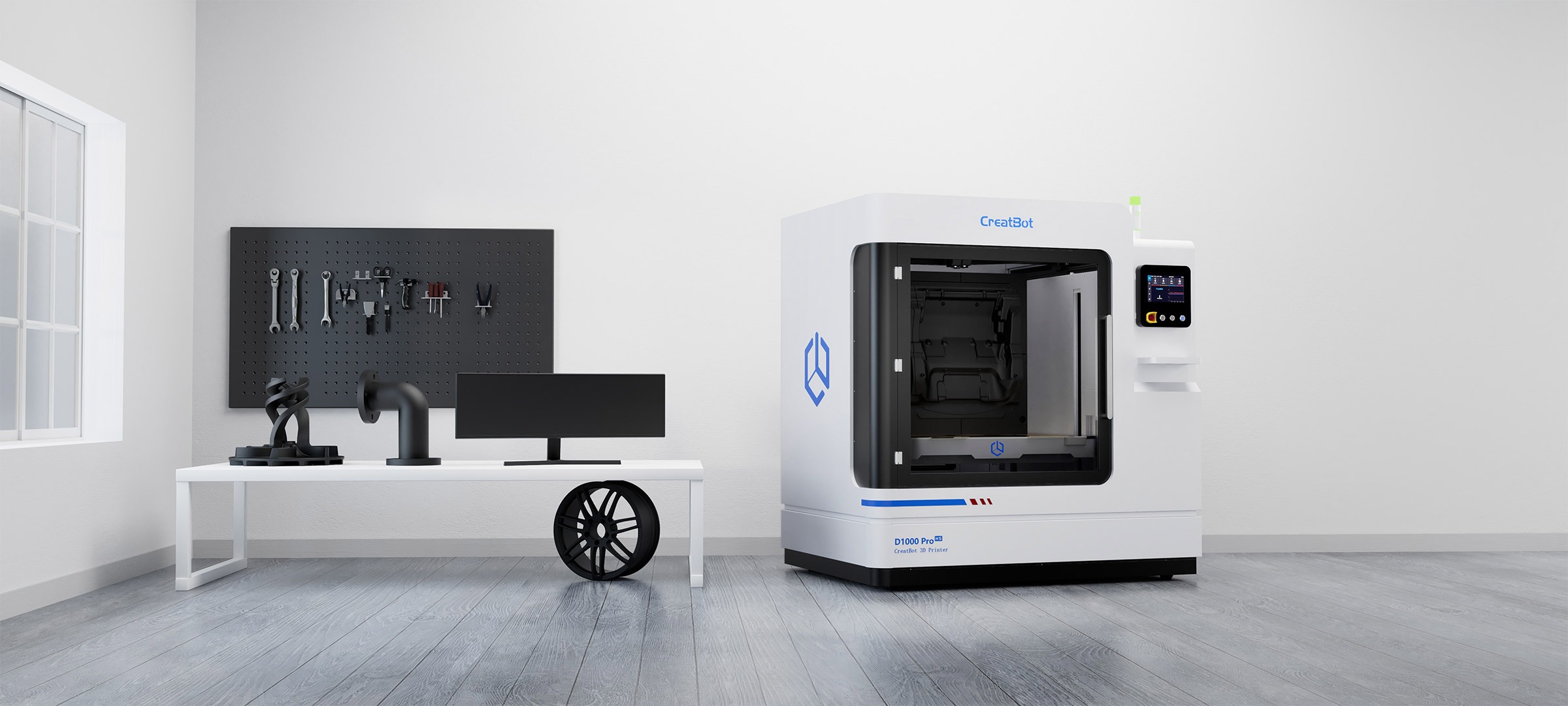 CreatBot D1000 Pro HS in a clean production room beside printed wheel, manifold and pipe parts