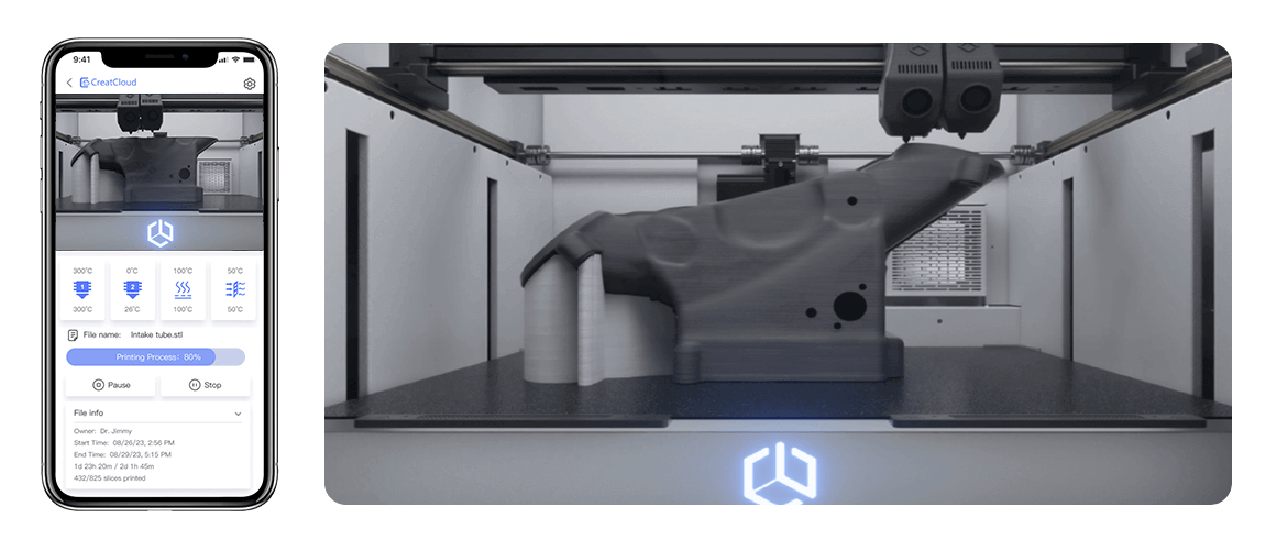 CreatBot mobile app and onboard HD camera monitoring a D1000 Pro HS print