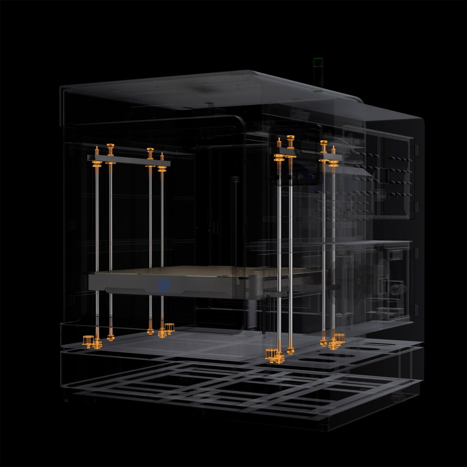 CreatBot D1000 Pro HS four-axis symmetric frame cutaway — heavy-duty linear rails and 750kg steel chassis supporting the full 1050mm build envelope