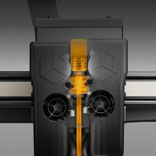 Top-down view of the CreatBot D400 HS smart dual extruder print head — twin cooling fans, hex-logo housings, and the filament path feeding two auto-raising hotends on the gantry