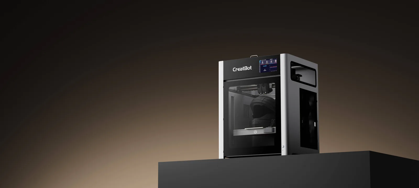 CreatBot D400 HS professional high-speed 3D printer glamour shot on a dark pedestal with a warm gradient backdrop