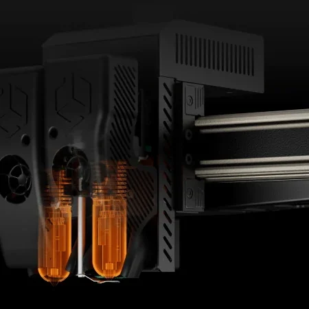 Close-up of the CreatBot D400 HS dual 420 &deg;C high-flow hotend with two glowing orange nozzles against a dark background