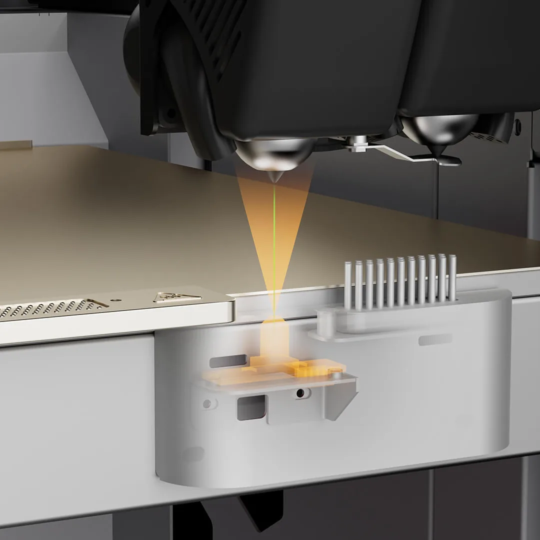 CreatBot D400 HS dual hotend nozzles aligning to the camera-based offset-calibration sensor, an orange beam projecting from the two nozzles down to the sensor module
