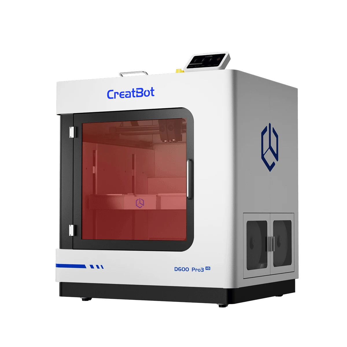 CreatBot D600 Pro 3 HS active-heated build chamber glowing at 80 degrees C behind closed doors