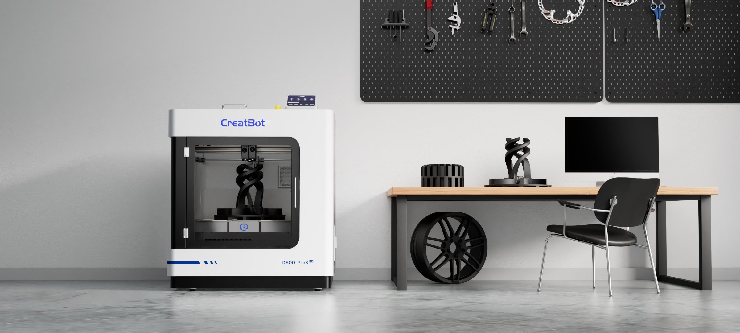CreatBot D600 Pro 3 HS industrial 3D printer with printed parts in a workshop — play the official launch video