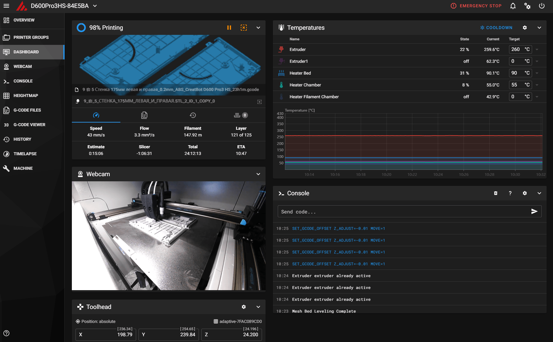 CreatBot D800 Ultra cluster and print-farm fleet-management software dashboard