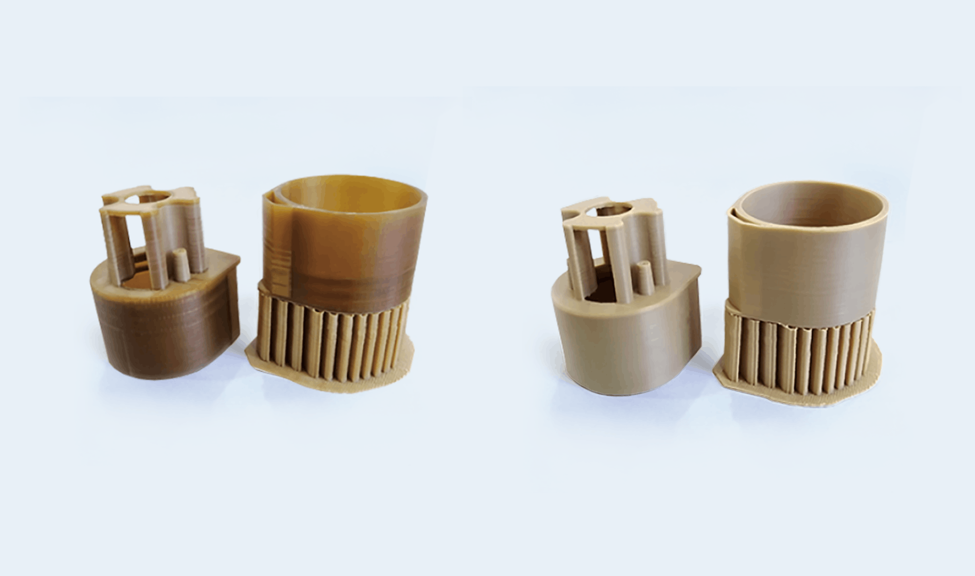 Precision functional PEEK mechanical components — bushings and finned connectors printed on the CreatBot PEEK-300