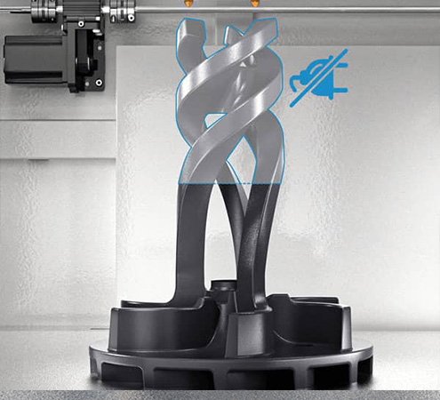 CreatBot F430 — power outage restore feature illustrated mid-print with power-loss icon overlay on twisted spiral print