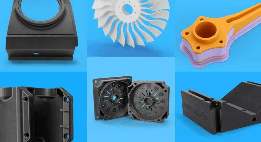CreatBot F430 — printed parts gallery including lattice structures, mechanical components, and engineering models