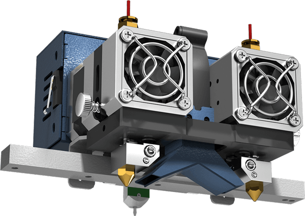 CreatBot F430 — 4th generation dual extruder head with twin cooling fans, dual nozzles (260°C + 420°C), field-replaceable martensite steel right hotend
