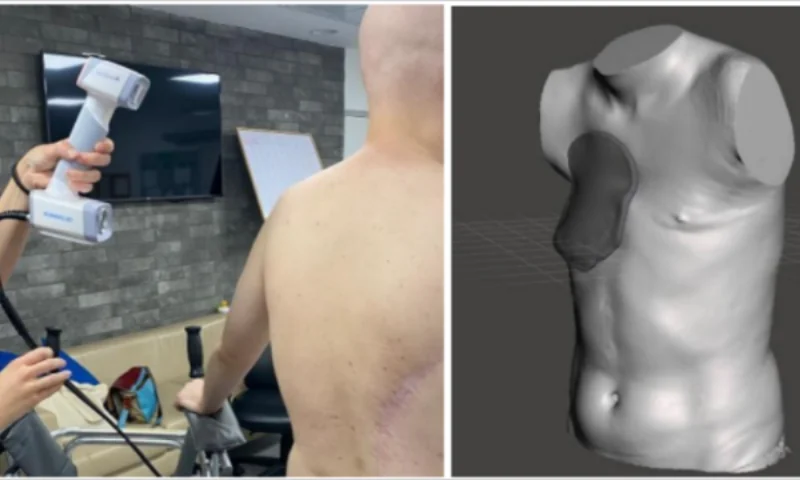 EinScan H2 scanning a person's torso beside the resulting full-color body scan mesh for a custom-fit chest protector