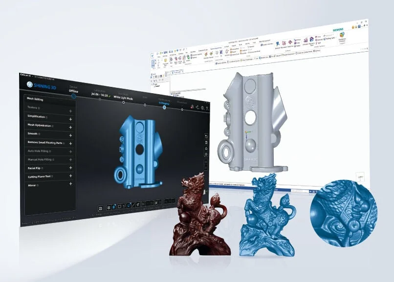 EXScan H mesh-editing interface beside full-color and resin-printed guardian-lion sculptures scanned with the EinScan H2