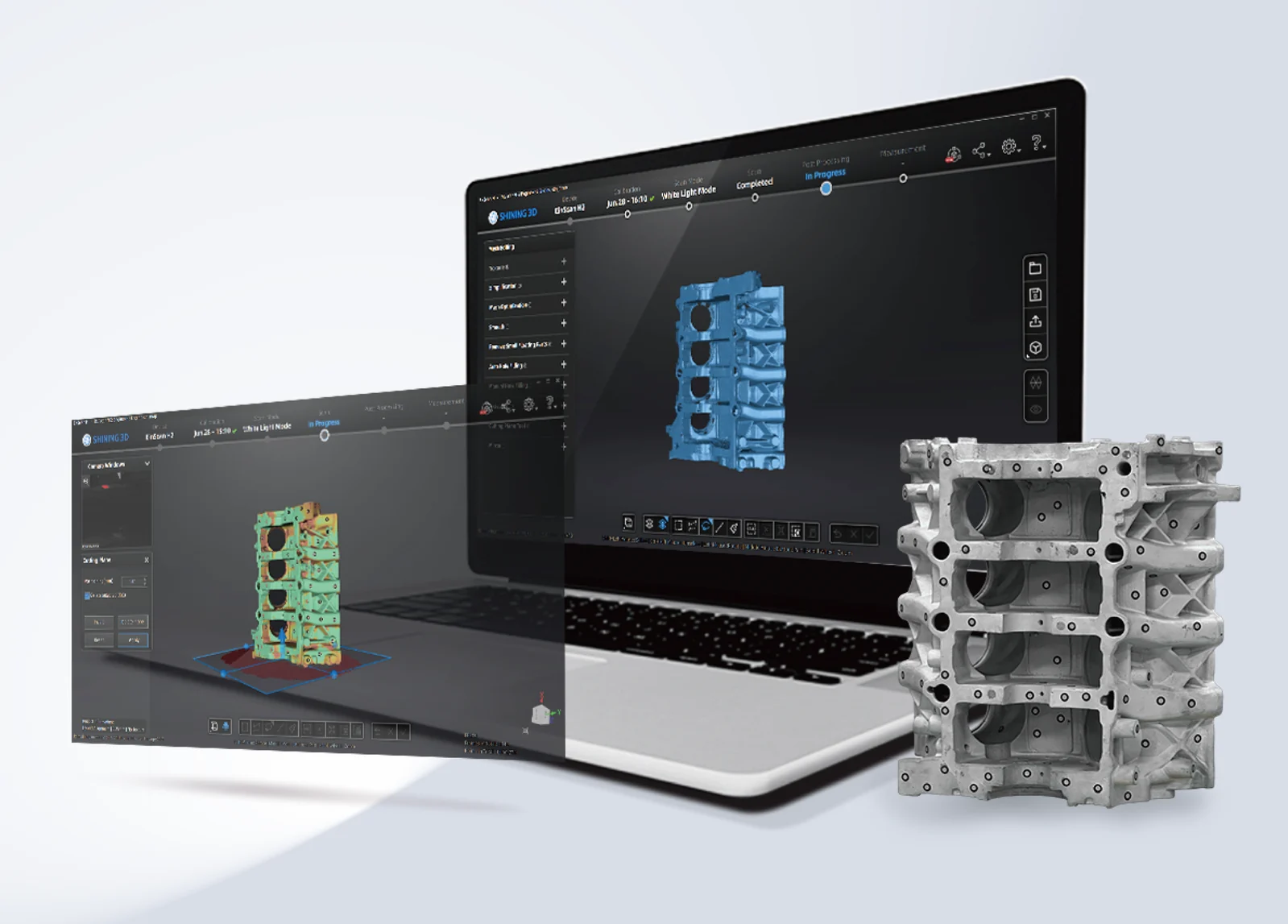 EXScan H software showing a scanned engine block on a laptop beside the physical aluminium engine block