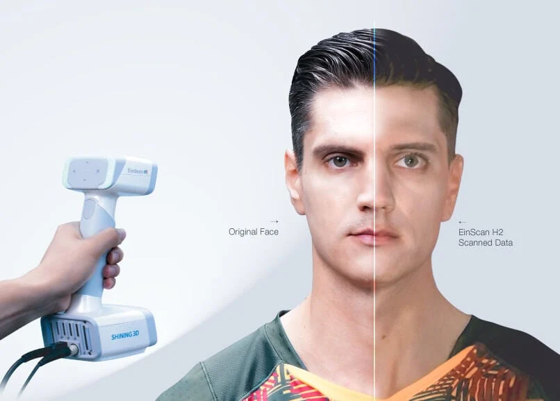 EinScan H2 face scanning comparison &mdash; original face beside the full-color H2 scan data, with the handheld scanner shown