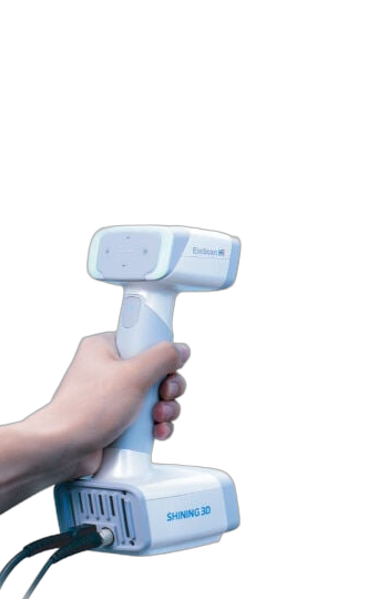 EinScan H2 hybrid light source handheld 3D scanner held in hand, showing the control face and SHINING 3D base