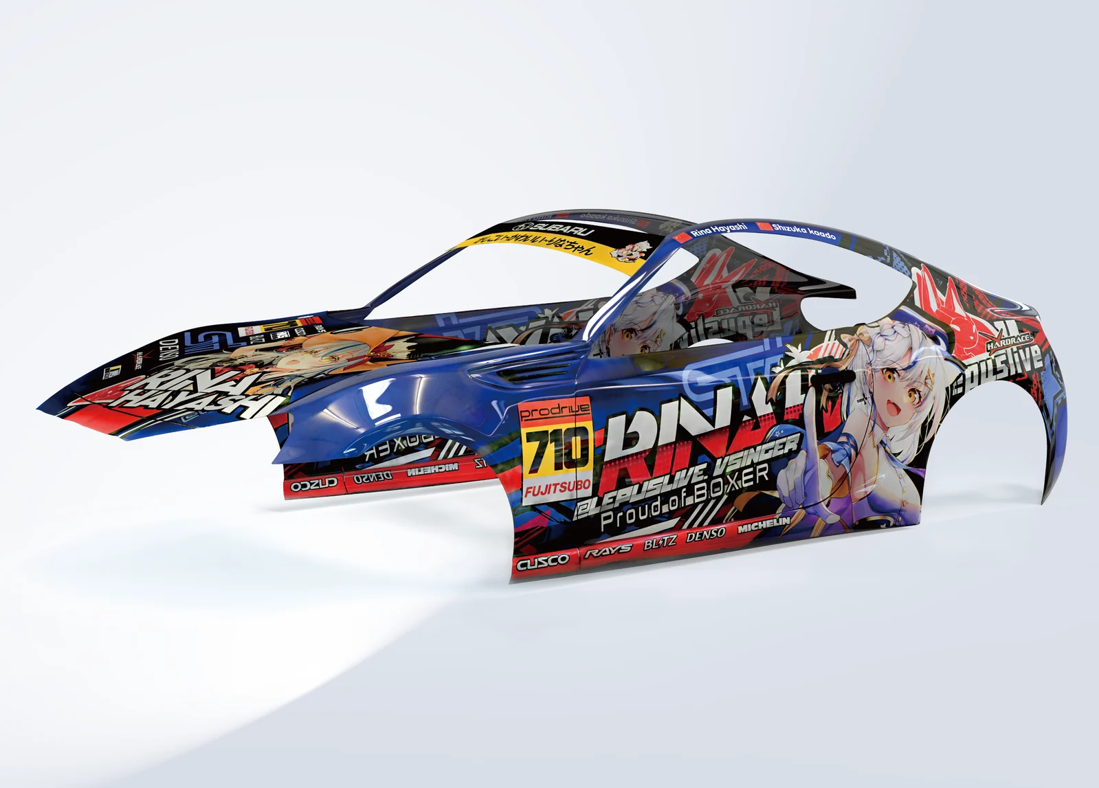 Full-color EinScan H2 scan data of a liveried car body shell &mdash; marker-free capture of a large object