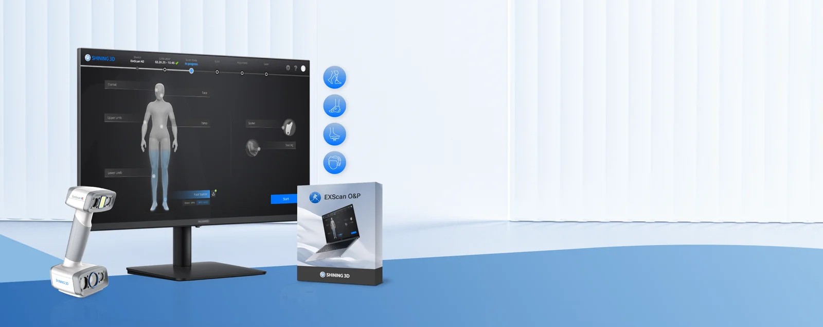 EinScan H2 scanner beside the EXScan O&P software screen showing a lower-limb scan and the BlueStar mapping box